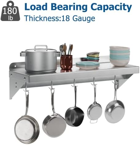12 Inch x 24 Inch NSF Certified Stainless Steel Wall Mount Shelf with 5 Hooks