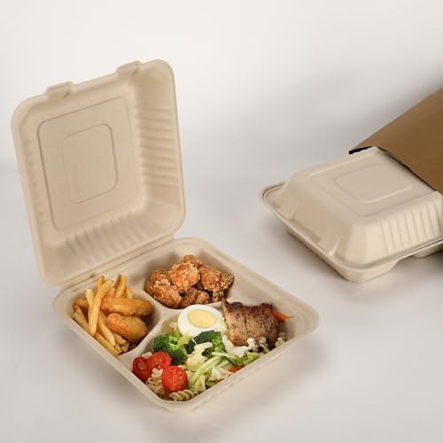 Aricsen 3 Compartment Clamshell Takeout Containers 8x9 Inch 100 Pack