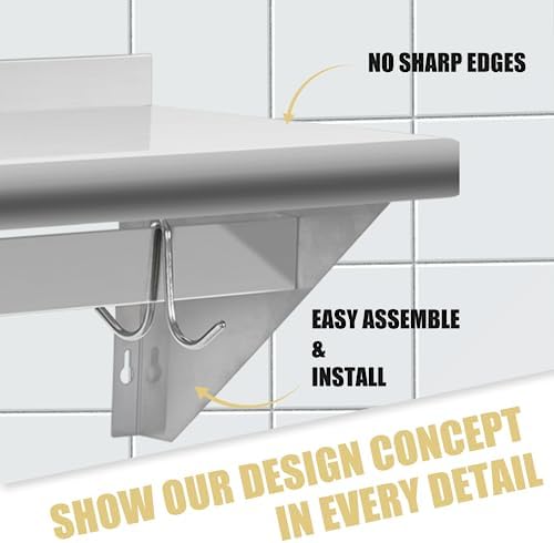HALLY Stainless Steel Shelf with 6 Hooks Wall Mounted Pot Rack 12x36 Inches