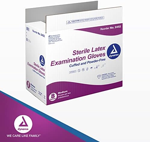 Dynarex Powder-Free Sterile Latex Exam Gloves Medium 1 Case - 8 Boxes of 50 Pairs