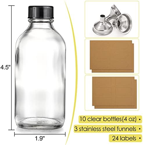 10 Pack 4 oz Clear Glass Bottles with Lids and 3 Funnels - Leakproof Travel and Sample Bottles for Liquids