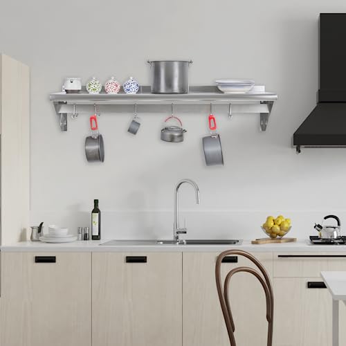 HALLY Stainless Steel Shelf with 6 Hooks 14x48 Wall Mount Pot Rack