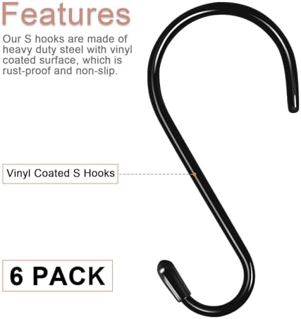 6 Pack Heavy Duty S Hooks with Vinyl Coating 6 Inch S Hooks for Hanging Kitchen Pans Clothes Bags Plants Hats Black