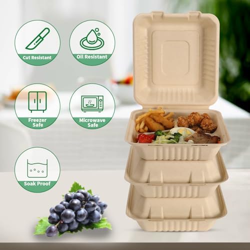 Aricsen 3 Compartment Clamshell Takeout Containers 8x9 Inch 100 Pack