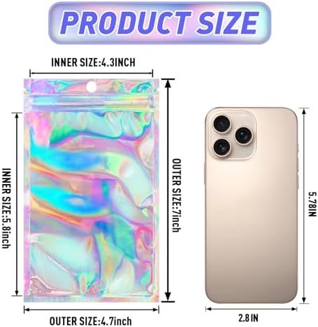 Funfery 100 Pack Clear Smell Proof Holographic Bags with Zipper