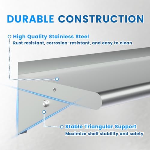 Treshin Heavy Duty Stainless Steel Shelf with 5 Hooks 12x48 Inches