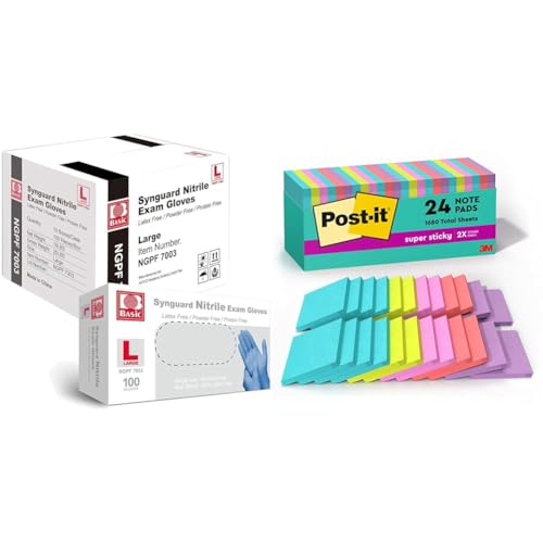 Basic Medical Nitrile Exam Gloves 1000 Case with Neon Sticky Notes 24 Pads