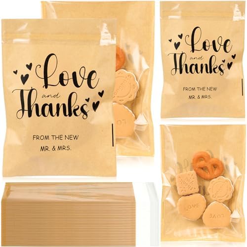 100 Pcs Clear Wedding Cookie Bags with Thank You Kraft Paper