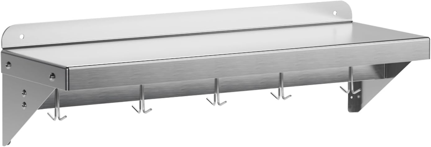 12 Inch x 24 Inch NSF Certified Stainless Steel Wall Mount Shelf with 5 Hooks
