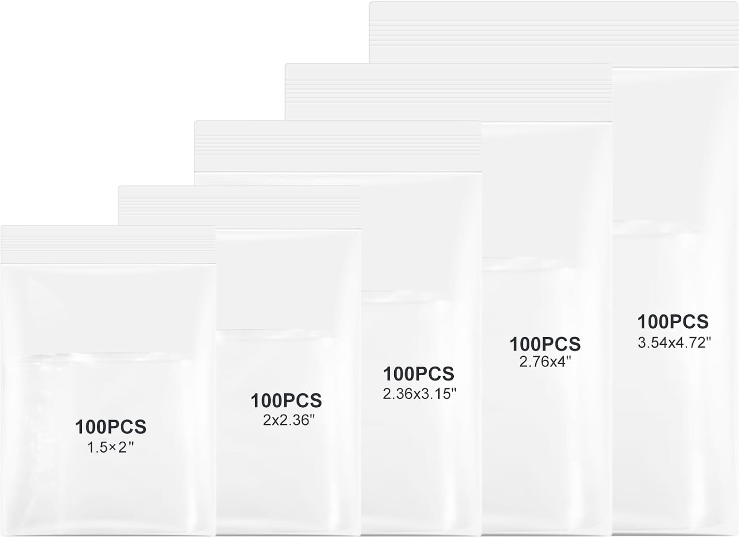 500 Pcs Small Clear Plastic Zip Bags with 5 Sizes and Sticker Tags