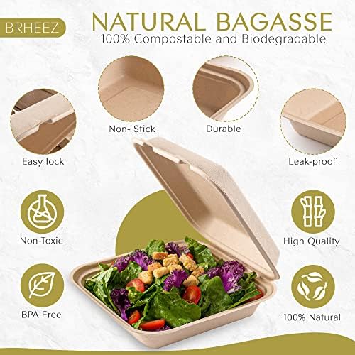 Brheez Disposable Clamshell Containers Biodegradable 8x8 1 Compartment Pack of 50