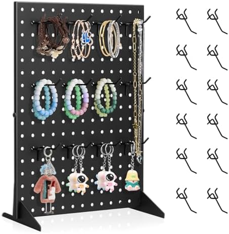 Peg Board Display Stand with 12 Hooks Black Metal Tabletop Organizer