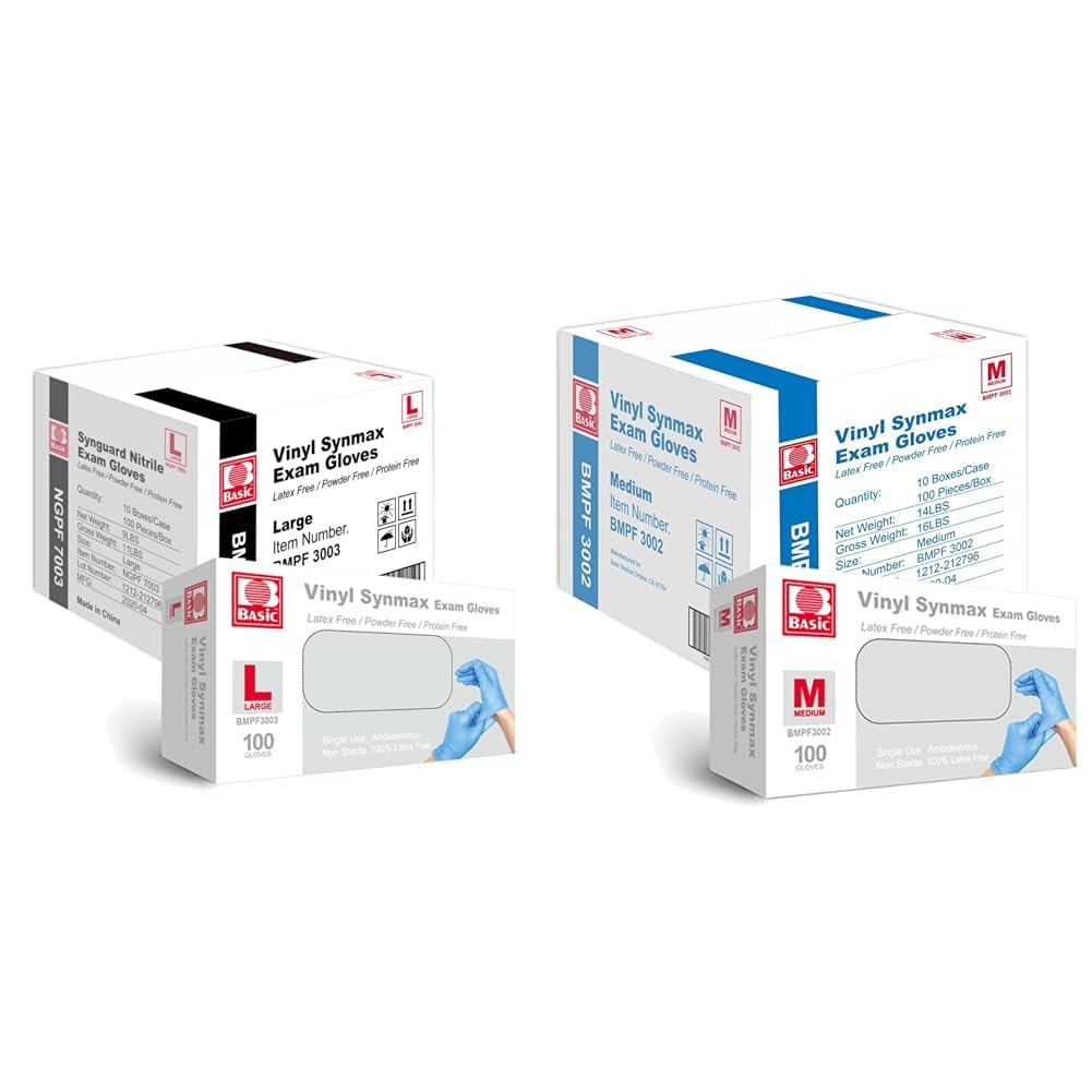 Basic Medical Synmax Vinyl Exam Gloves - Latex-Free Powder-Free Medium BMPF-3002
