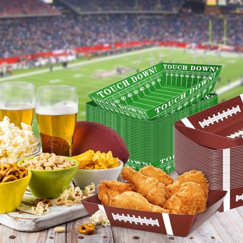 50Pcs Football Party Plates with 2 Patterns 5lb Serving Trays Football Decor for Gameday Birthday and Tailgate Parties