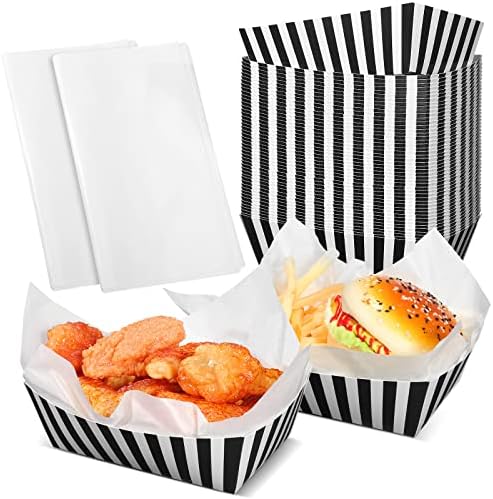 Rtteri 50 Pcs Black and White Striped Food Trays for Parties