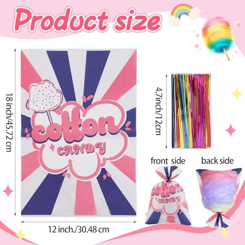 50 Pcs Cotton Candy Bags with Ties for Parties and Events