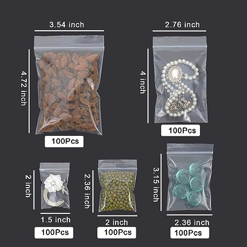 500 Pcs Small Clear Plastic Zip Bags with 5 Sizes and Sticker Tags