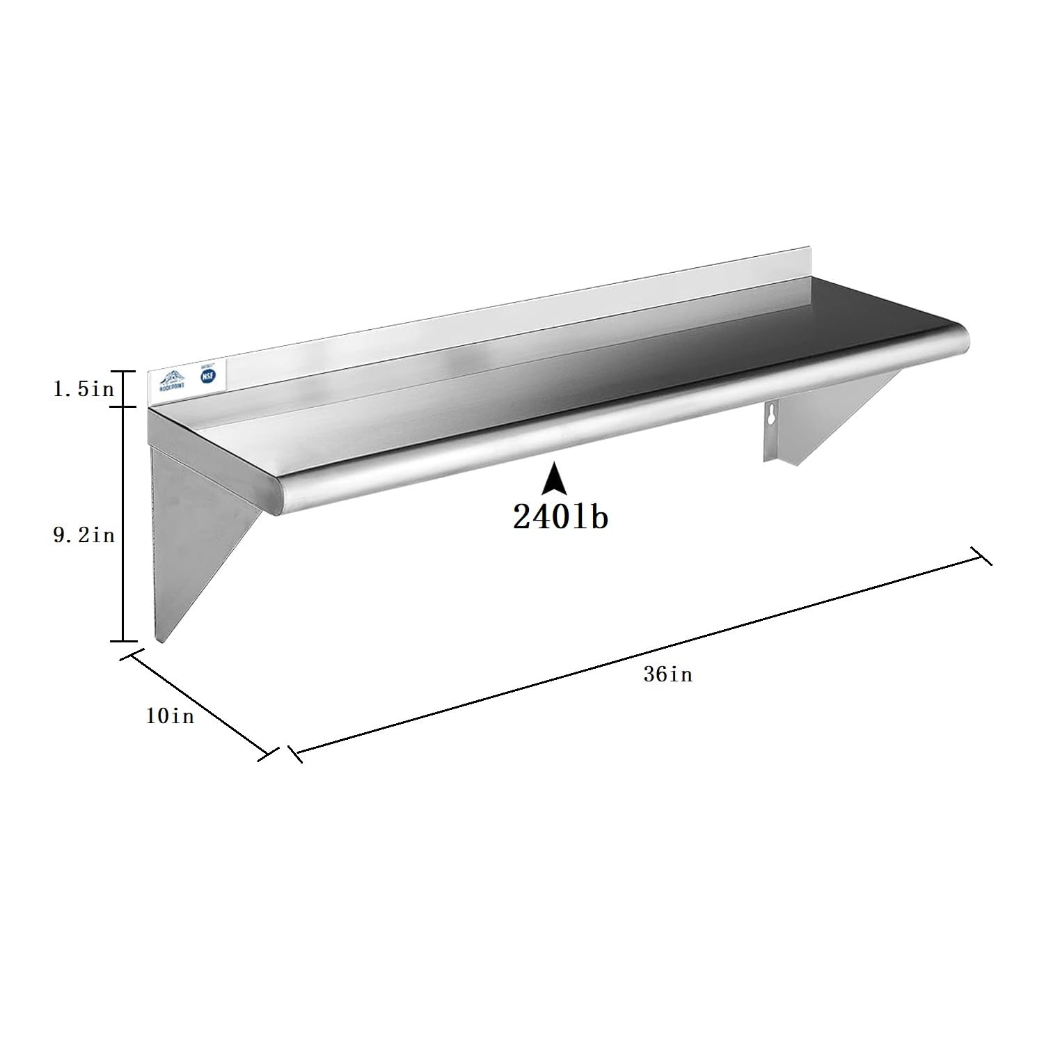 ROCKPOINT Stainless Steel Shelf 10x36 Inches 240lb Silver