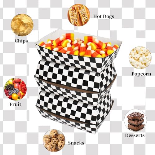 KERINGO 50 Pack Checkered Paper Food Trays 3Lb Race Car Birthday Party Supplies