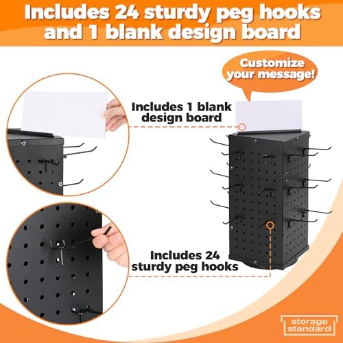 Rotating Pegboard Display Stand with 24 Hooks - 4-Sided Organizer for Jewelry and Accessories