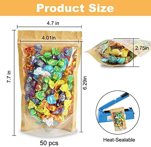BEISHIDA Reusable Self-Sealing Ziplock Pouches 5x8 Inch Pack of 50 Kraft Brown