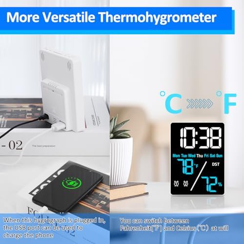 55 Inch Digital Thermometer Hygrometer Alarm Clock for Desk and Home