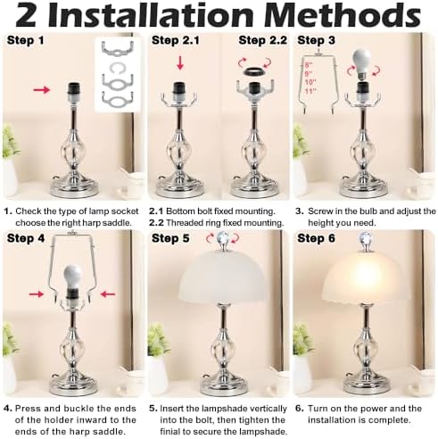 8-9-10-11 Inch Nickel Lamp Harp Holder Adjustable Height Harp Kit with Crystal Metal Finial