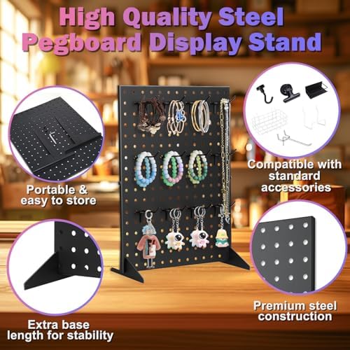 Peg Board Display Stand with 12 Hooks Black Metal Tabletop Organizer