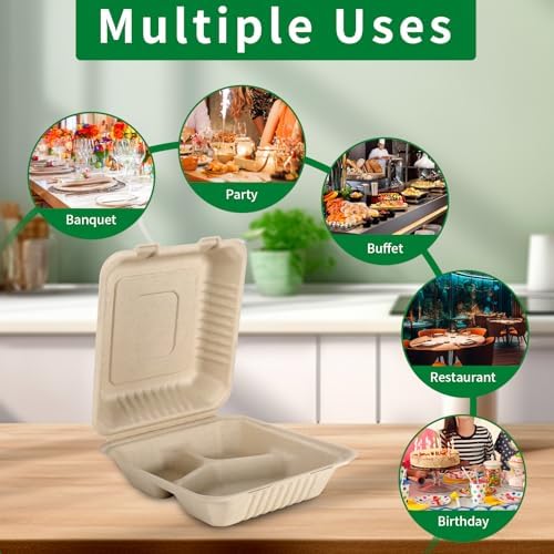 Aricsen 3 Compartment Clamshell Takeout Containers 8x9 Inch 100 Pack