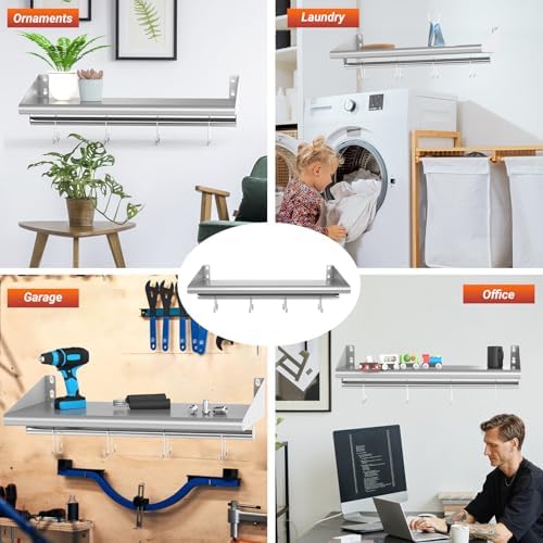 Skyflame 12x24 Inch Stainless Steel Wall Shelf with 4 Hooks