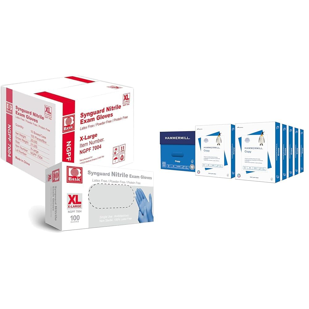 Basic Nitrile Exam Gloves 1000 Count Bundle with 20lb Printer Paper 10 Ream