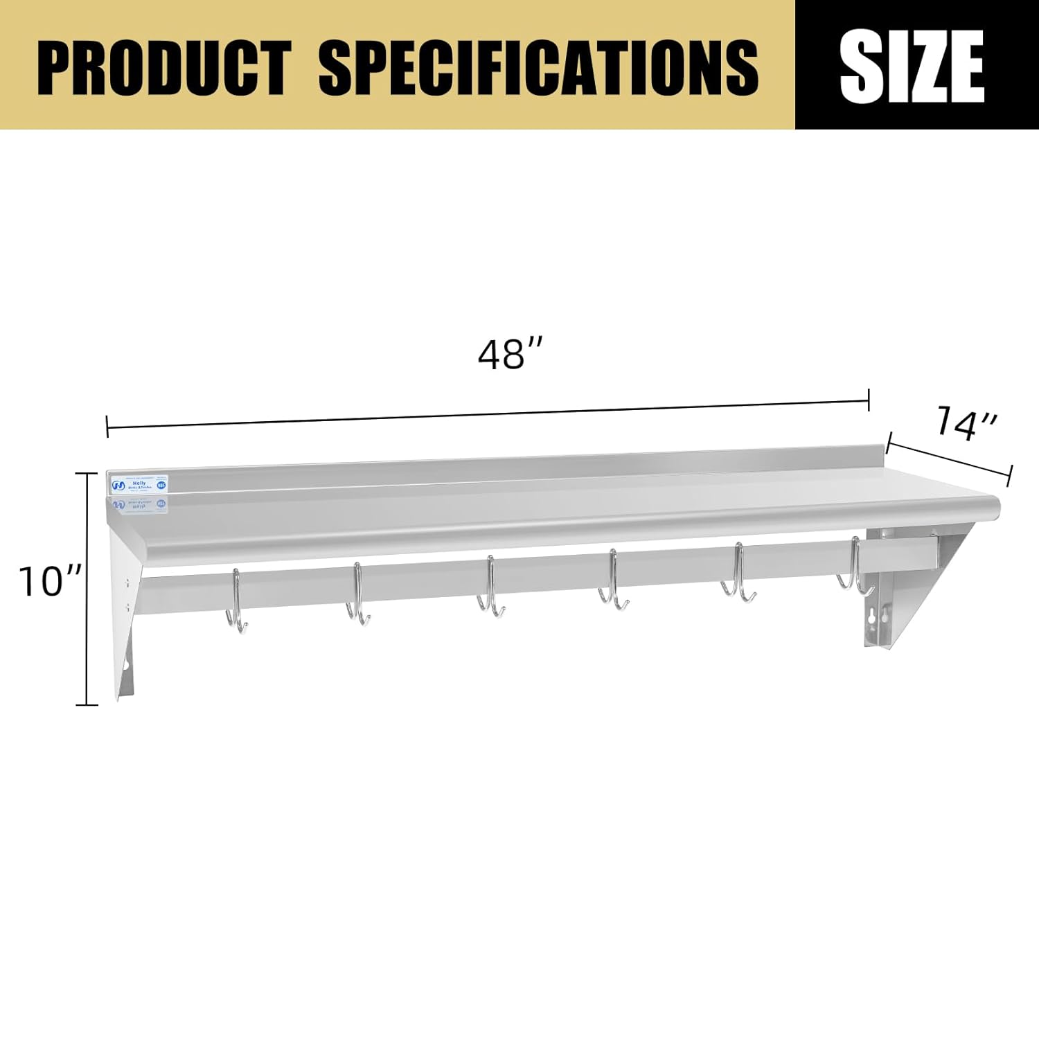 HALLY Stainless Steel Shelf with 6 Hooks 14x48 Wall Mount Pot Rack