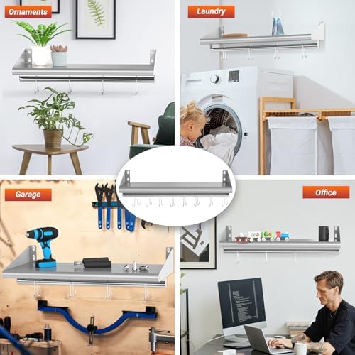 Skyflame Stainless Steel Floating Shelving with 8 Hooks