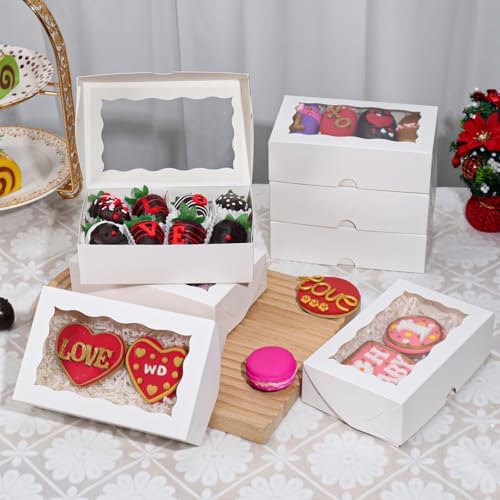 ROSPAKTEK 100pcs 7x43x2in White Bakery Boxes with Window for Cookies Macarons and Chocolate Truffles