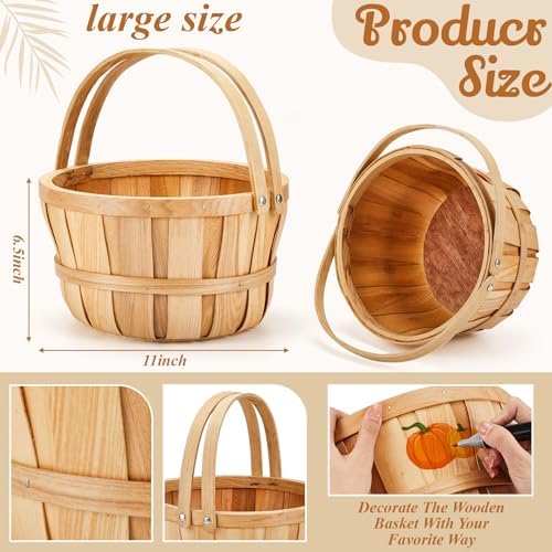 Marsui 16 Pcs Large Wooden Apple Basket 11x65 Wicker Fruit Bushel Baskets with Handle