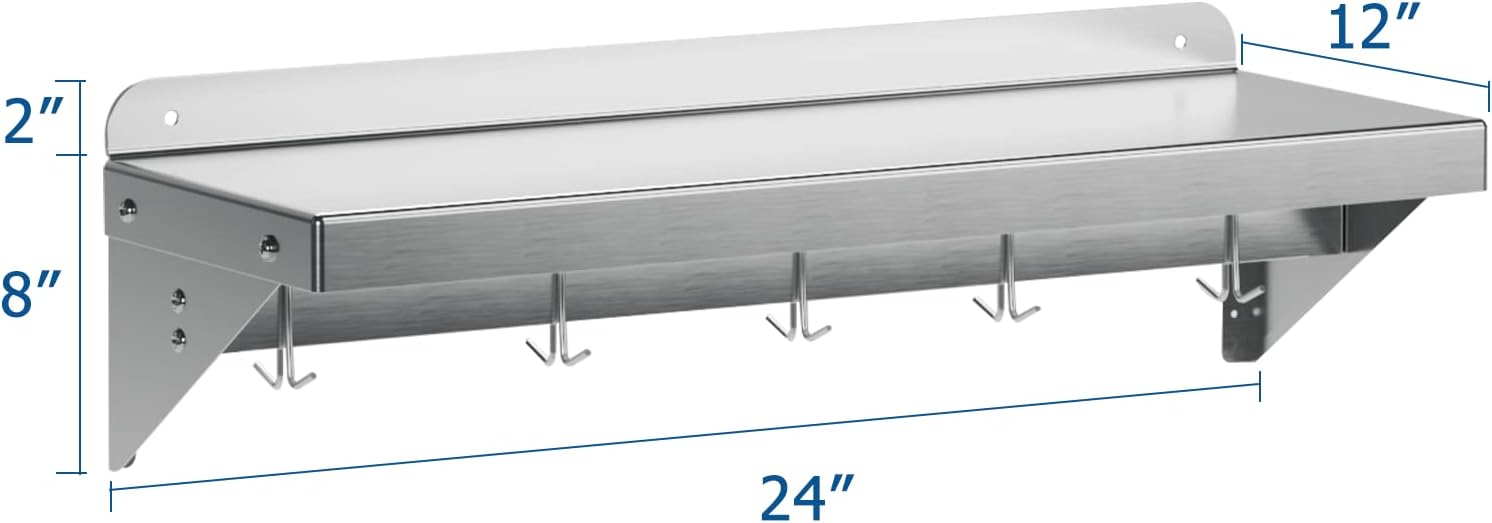 12 Inch x 24 Inch NSF Certified Stainless Steel Wall Mount Shelf with 5 Hooks