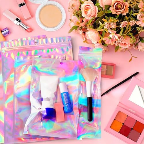 Funfery 100 Pack Clear Smell Proof Holographic Bags with Zipper