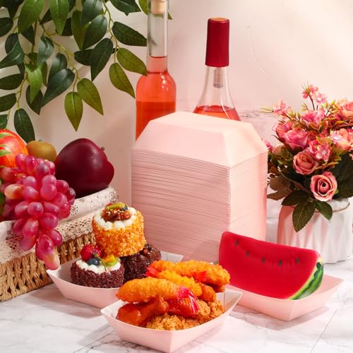 Yinkin 100 Pcs Light Pink Food Trays Boat 2lb Disposable Nacho Trays Kraft Paper Boat for Tacos Party Supplies
