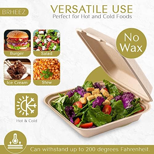 Brheez Disposable Clamshell Containers Biodegradable 8x8 1 Compartment Pack of 50