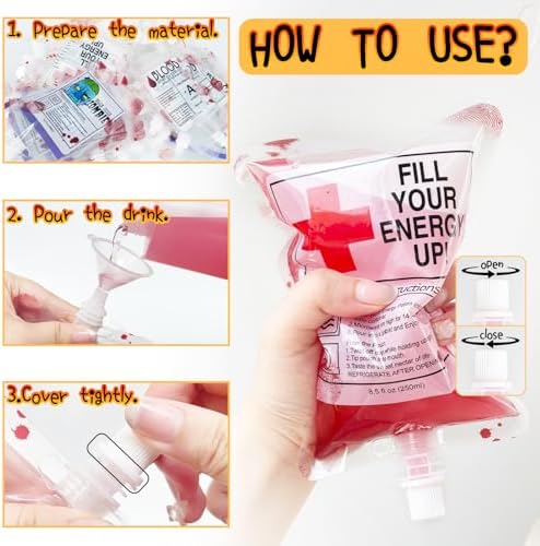40 Pcs Halloween Blood Bags for Drinks Reusable with Funnel
