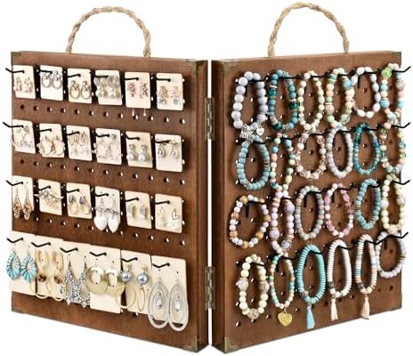 MOOCA 2 Panel Pegboard Jewelry Display Organizer with 48 Hooks and Rope Handle