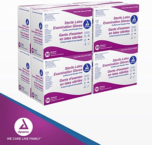 Dynarex Powder-Free Sterile Latex Exam Gloves Medium 1 Case - 8 Boxes of 50 Pairs