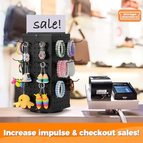 Rotating Pegboard Display Stand with 24 Hooks - 4-Sided Organizer for Jewelry and Accessories