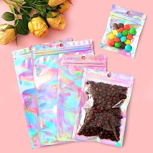 Funfery 100 Pack Clear Smell Proof Holographic Bags with Zipper
