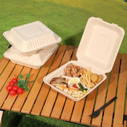 Aricsen 3 Compartment Clamshell Takeout Containers 8x9 Inch 100 Pack