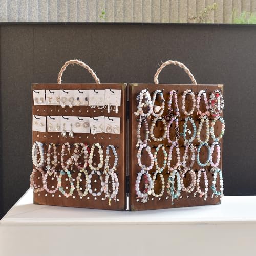 MOOCA 2 Panel Pegboard Jewelry Display Organizer with 48 Hooks and Rope Handle