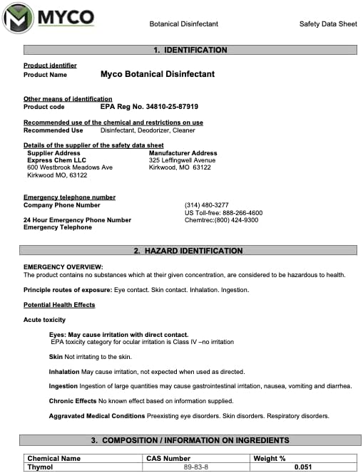 Myco Botanical Disinfectant Cleaner - 1 Gallon Natural Plant-Based Ready-to-Use EPA Registered