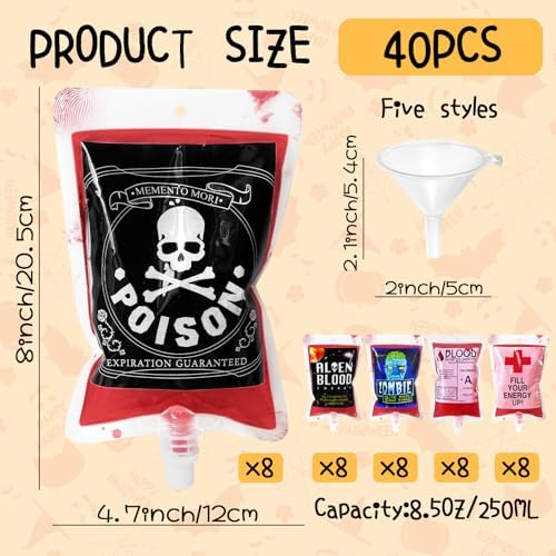 40 Pcs Halloween Blood Bags for Drinks Reusable with Funnel