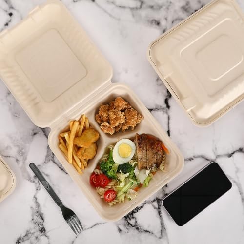 Aricsen 3 Compartment Clamshell Takeout Containers 8x9 Inch 100 Pack