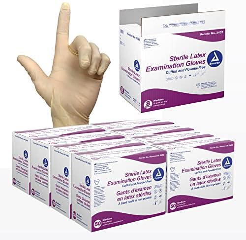 Dynarex Powder-Free Sterile Latex Exam Gloves Medium 1 Case - 8 Boxes of 50 Pairs